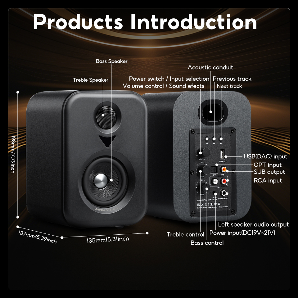 AIYIMA S400 - Enceinte d'étagère active 2.1 améliorée - 80 W - HiFi