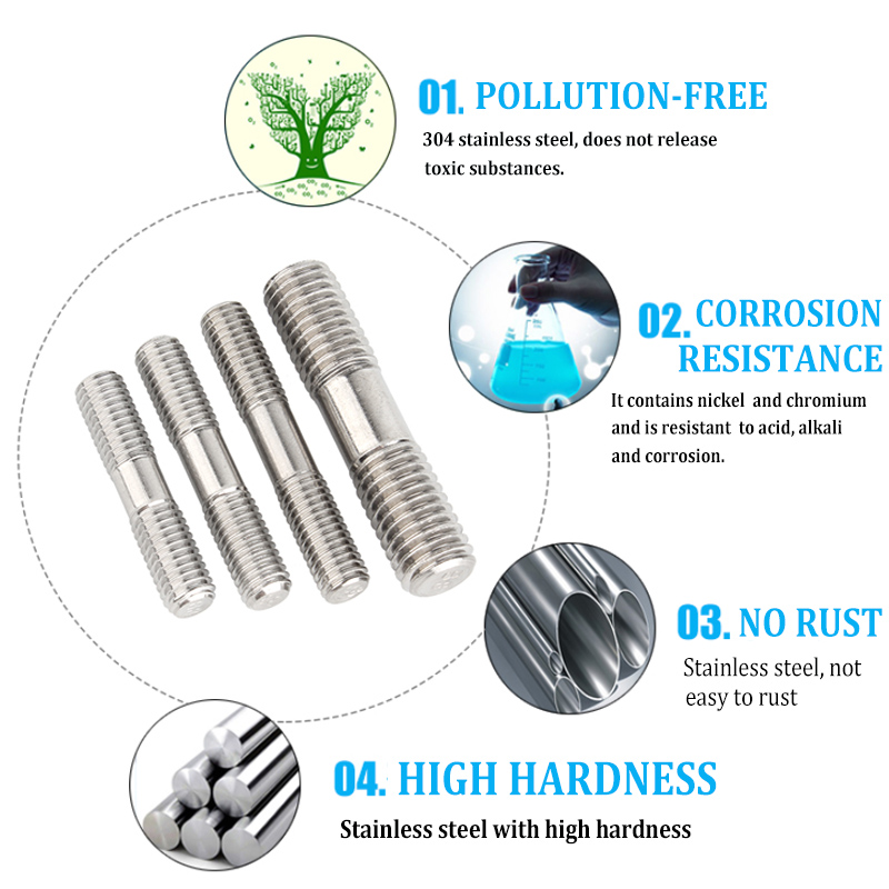 Double End Thread Rod 304 Stainless Steel Lengthen Headless Stud Bolt ...