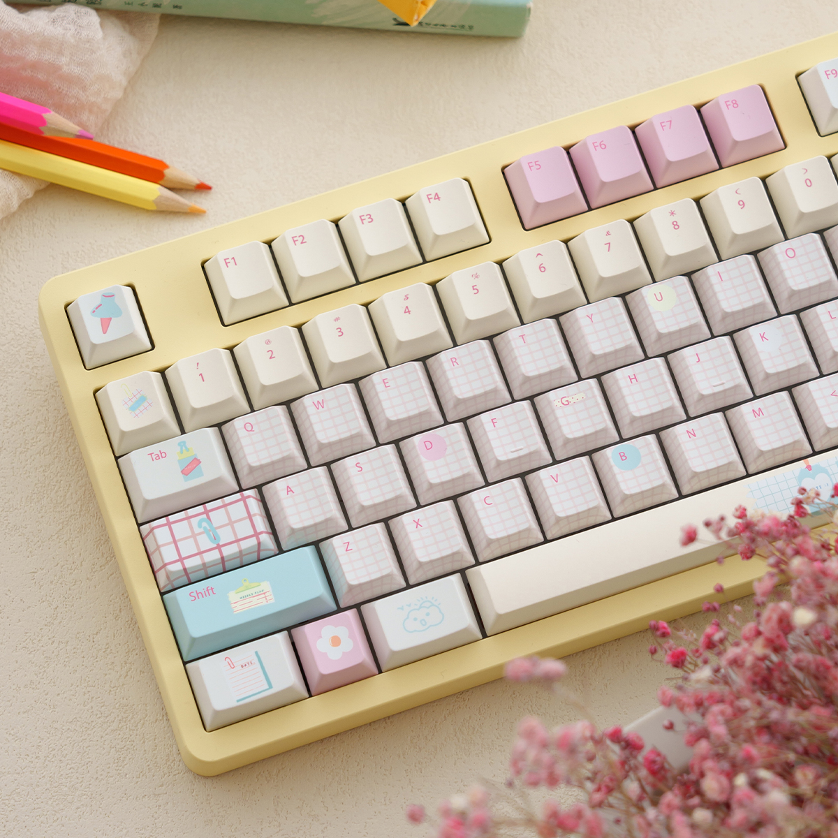 Beefun Summer Journal Keycap Pink PBT Dye-sub Cherry profile keycaps set for Mechancial keyboard ...