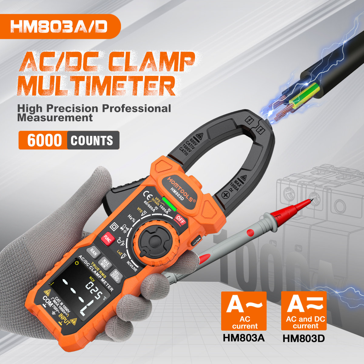 【Free Gift】HOMTOOLS HM803A/D Digital Clamp Meter 1000V/1000A ...