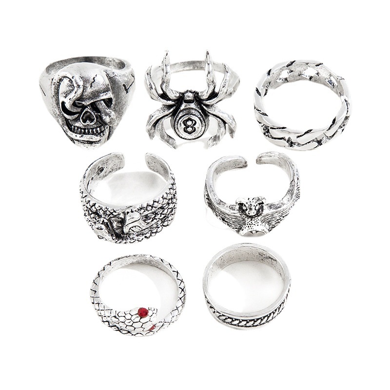 New 7PC Skull Head Ring Set Hip Hop Rock Retro Style Gothic Jewelry for ...