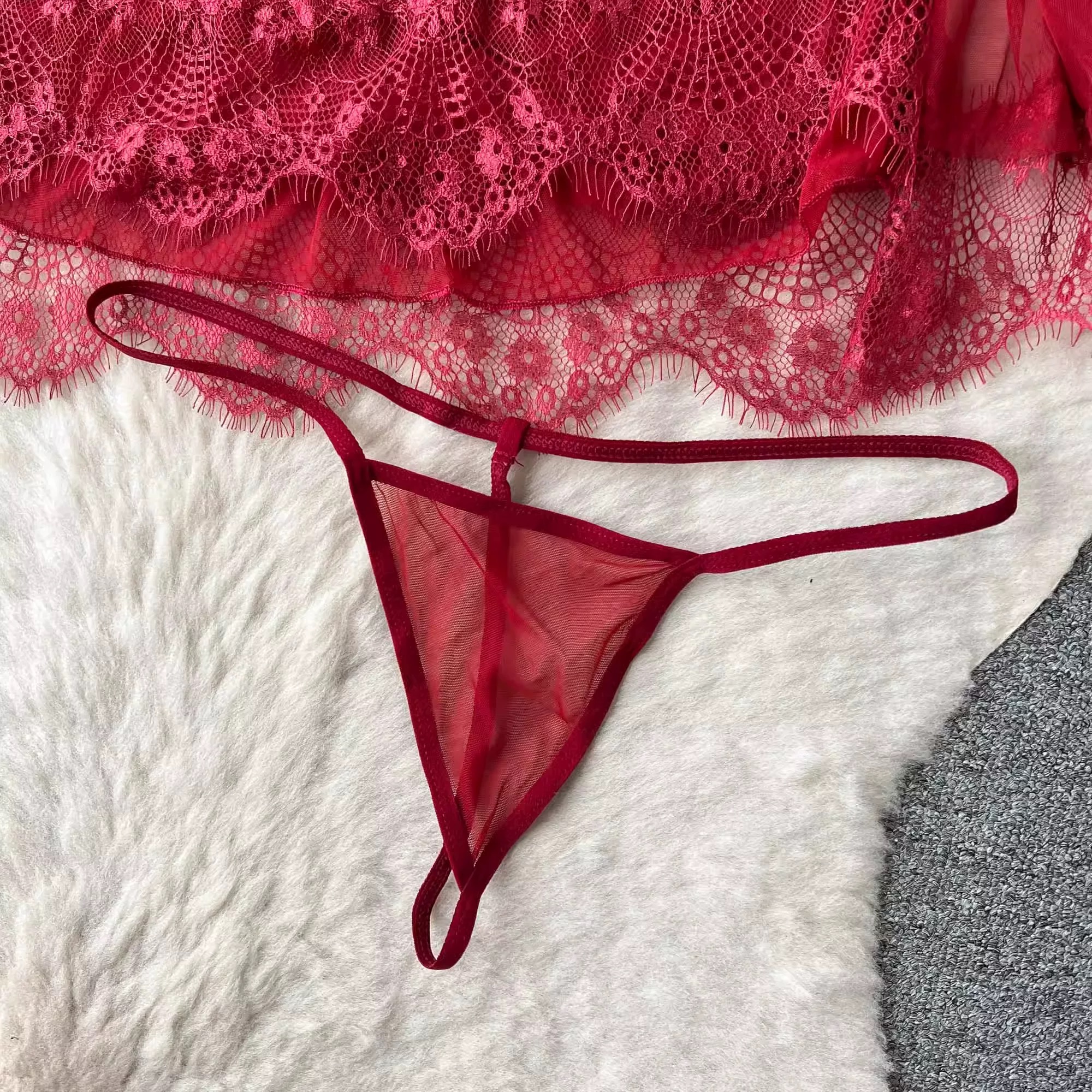 XiaoBeily 3 In 1 Lace Sexy Lingerie Set Sleepwear Robe Night Dress ...
