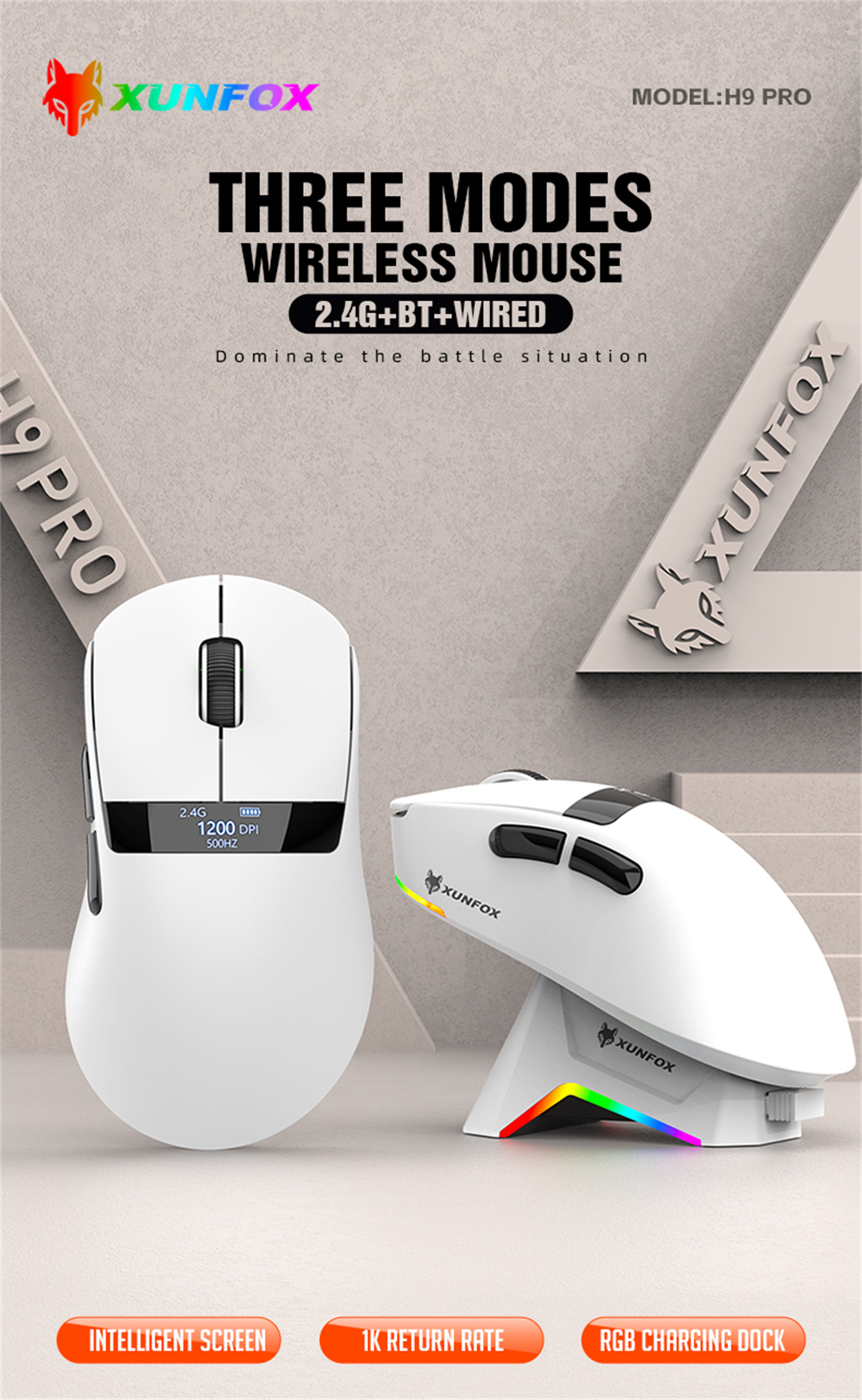 XUNFOX H9 Pro Triple-Mode Wireless Gaming Mouse Charging Dock 2.4G+BT ...