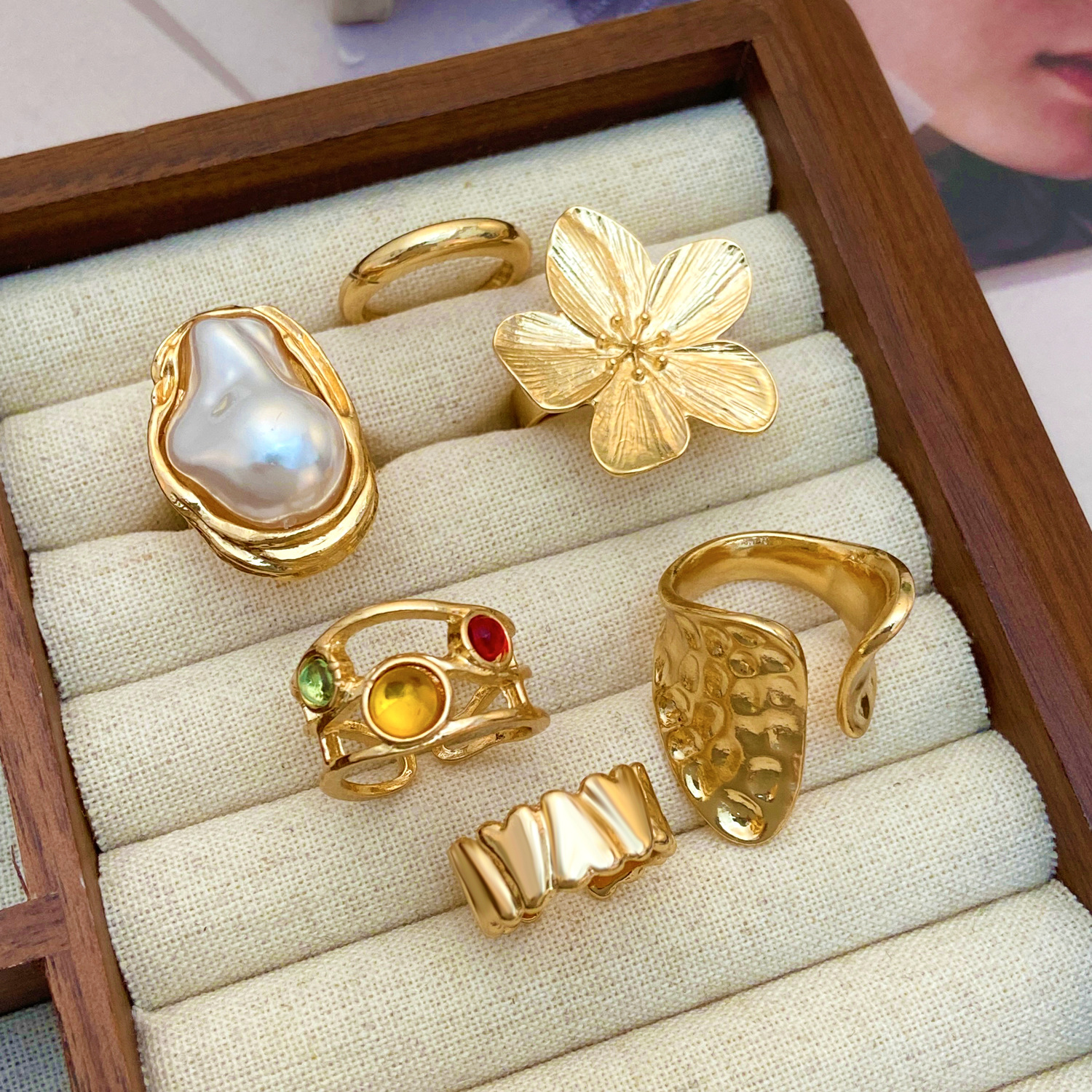 Set of 6 Adjustable Pearl Gold-Plated Vintage Liquid Lava Flower Rings ...