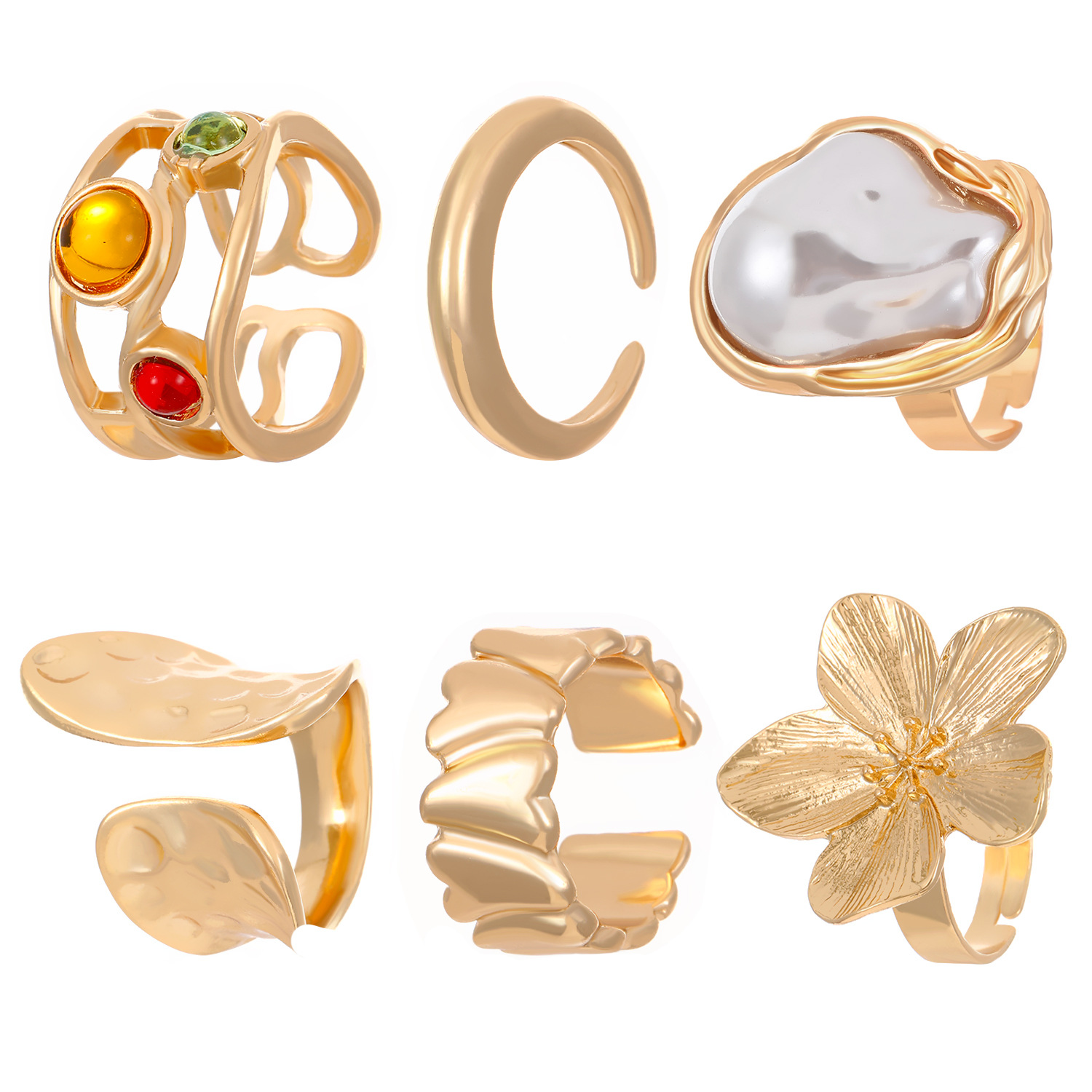 Set of 6 Adjustable Pearl Gold-Plated Vintage Liquid Lava Flower Rings ...