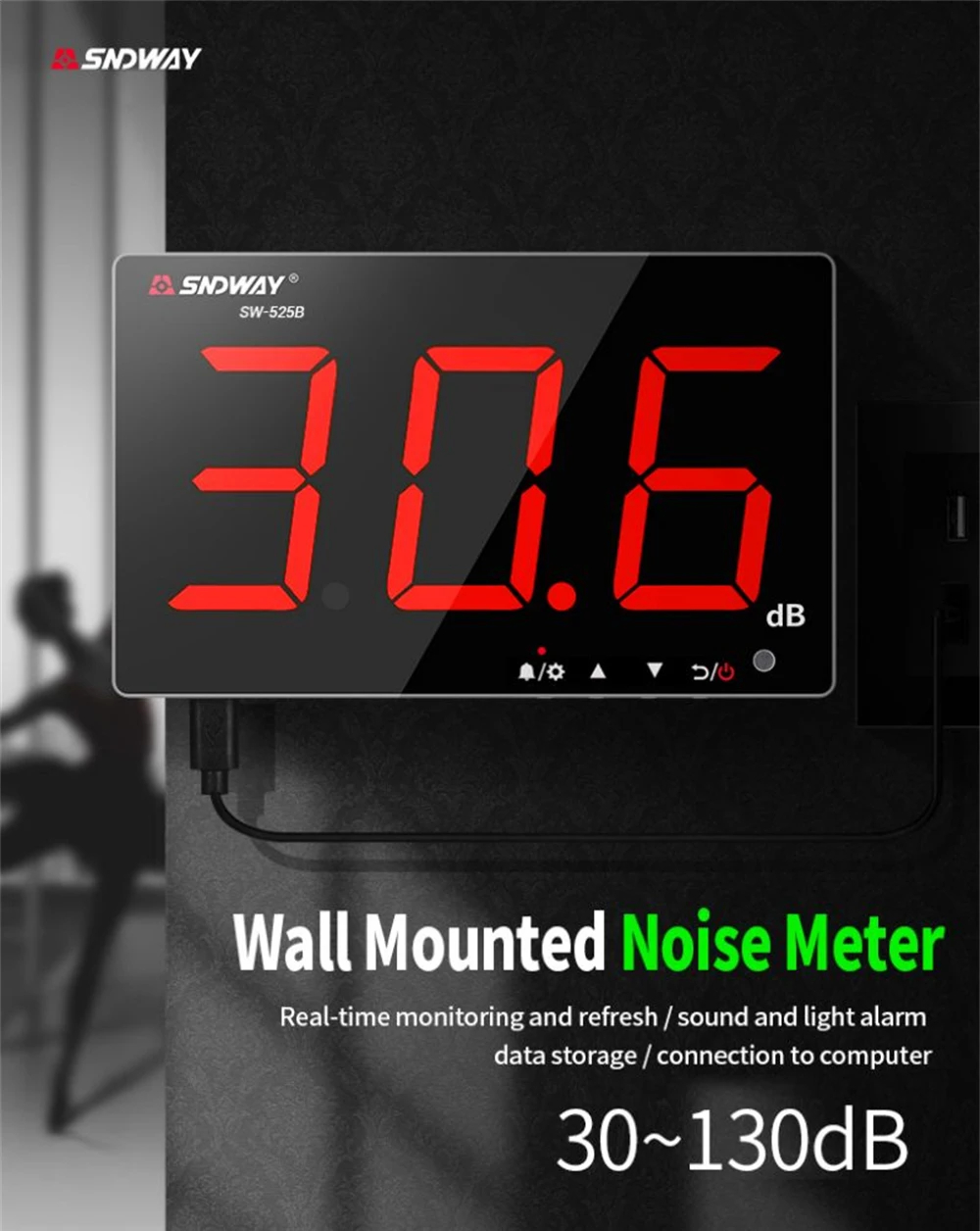 SNDWAY SW-525A SW-525G 30-130dB Digital Sound Level Meter Wall Mounted ...