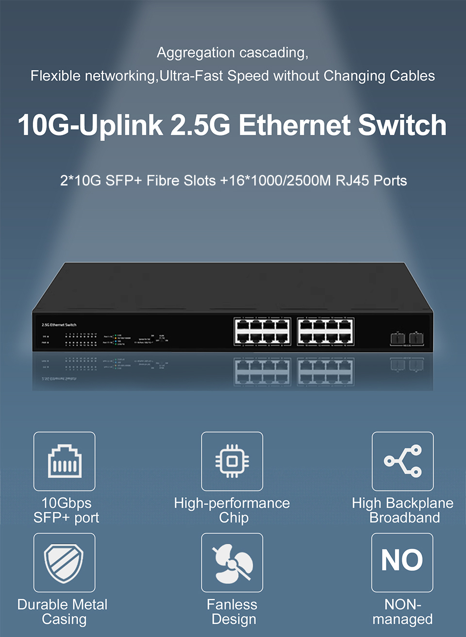 JT-COM 18-Port 10G Uplink Unmanaged Ethernet Switch 2 SFP+ 16-Port RJ45 ...