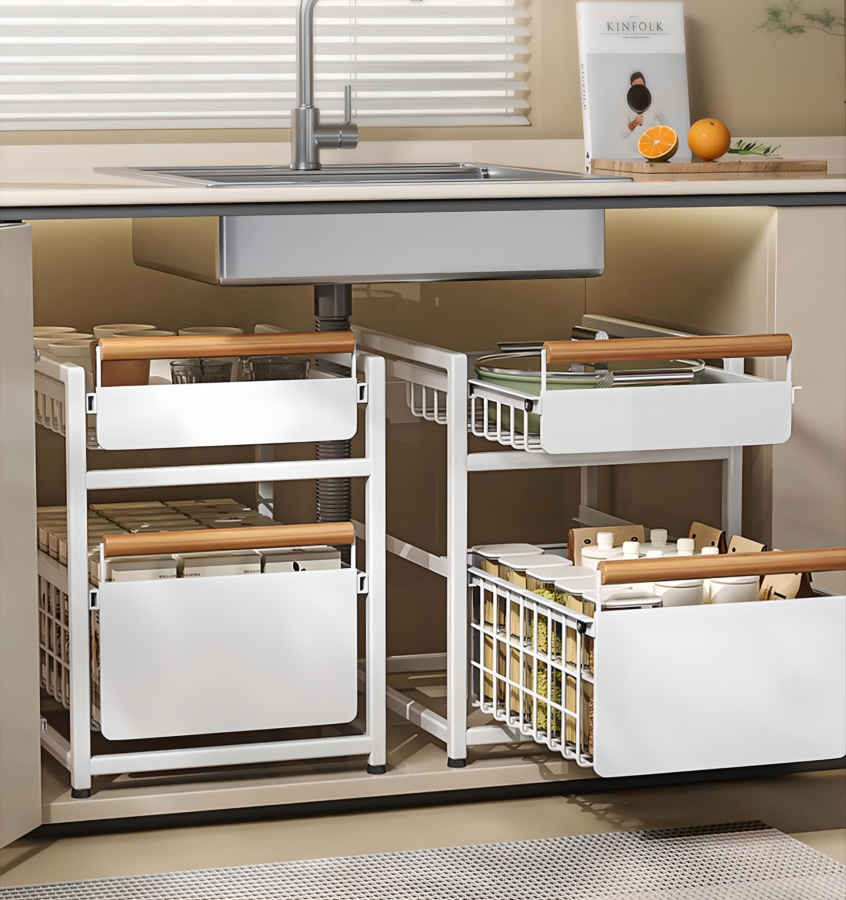 2-Layer Pull Out Dish Rack Under Sink Organizer with Drain Tray ...