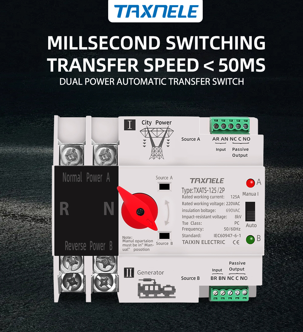 TAXNELE 2P 63A 100A 125A ATS Dual Power Automatic Transfer Switch ...