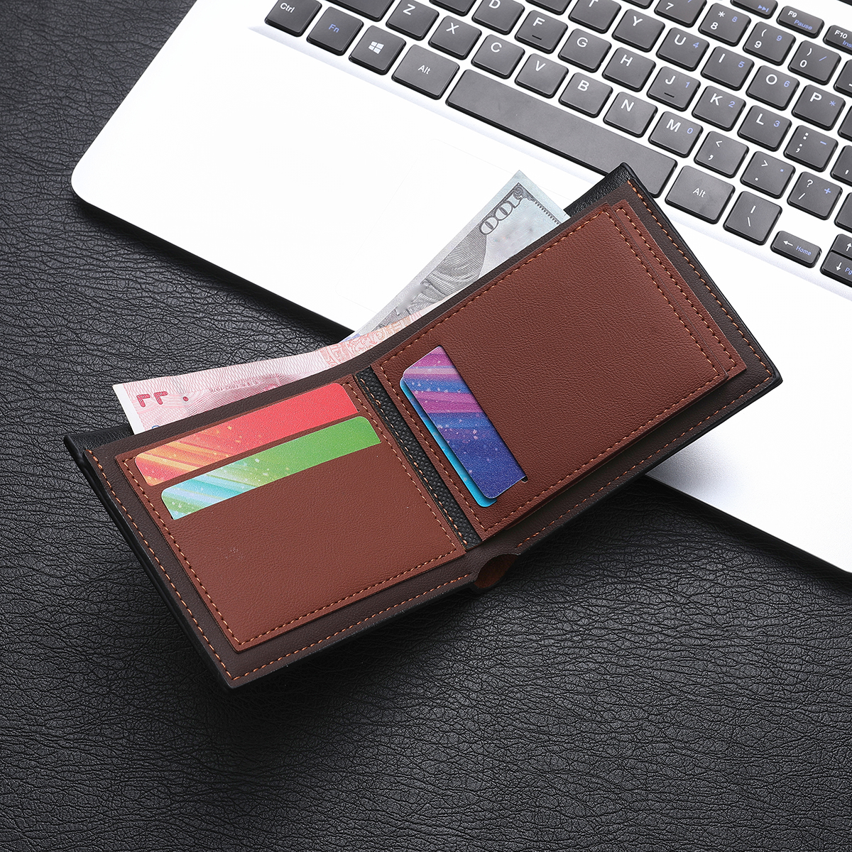 Black Minimalist Men's Short Wallet - Double-Fold Card Holder with Coin ...