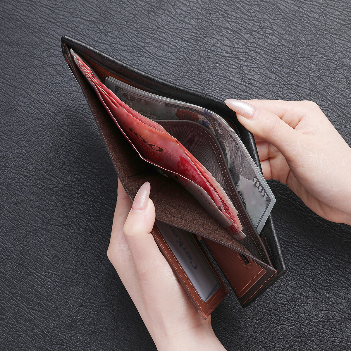 Black Minimalist Men's Short Wallet - Double-Fold Card Holder with Coin ...