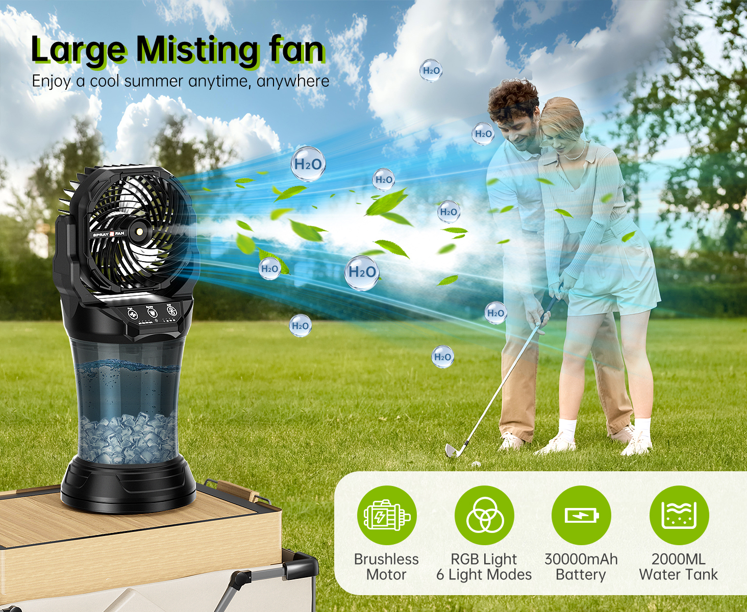 30000mAh Water Cooling Fan Portable Misting Fan with 7 Colors LED Light ...