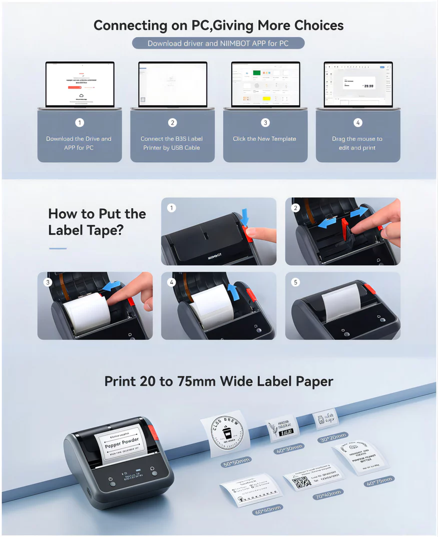 Niimbot B3S_P Label Printer Inkless Bluetooth Portable 20-75mm For ...