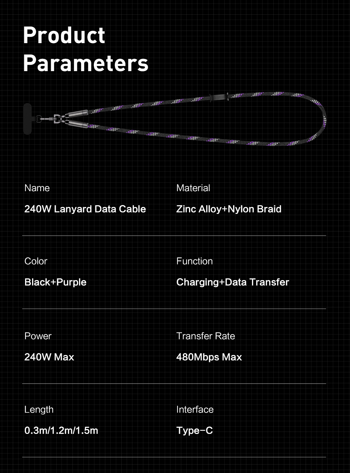 Lanyard Cable PD 240W Fast Charging USB C to C 0.3m/1.2m/1.5m Portable ...