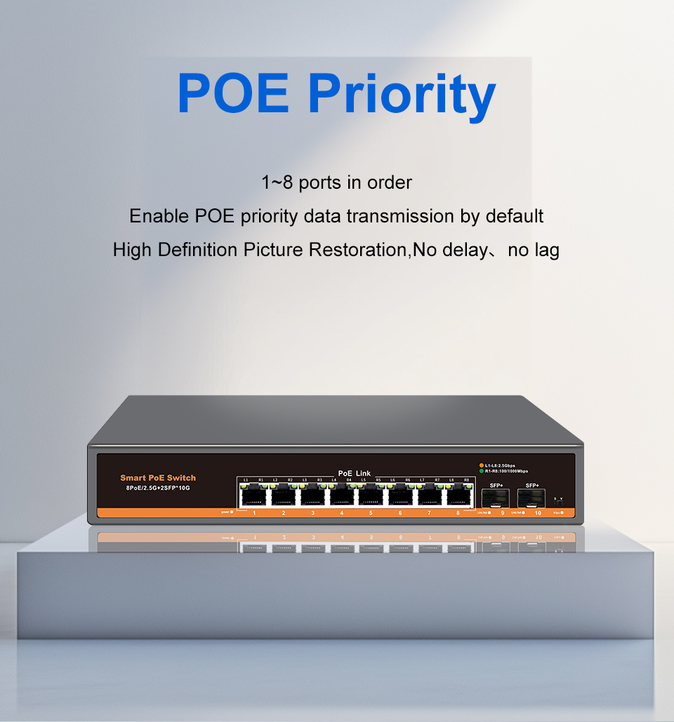 JT-COM 10-Port 10G Uplink 2.5G PoE Ethernet Switch, 2×10G SFP+ Ports, 8 ...