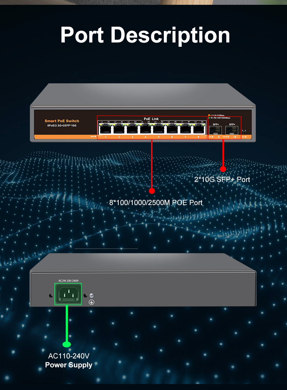 JT-COM 10-Port 10G Uplink 2.5G PoE Ethernet Switch, 2×10G SFP+ Ports, 8 ...