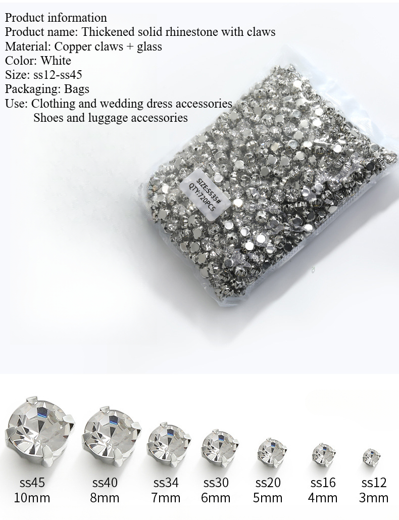 SS12 - SS45 Glass Crystal Setting Sew On Rhinestones With Silver Claw ...