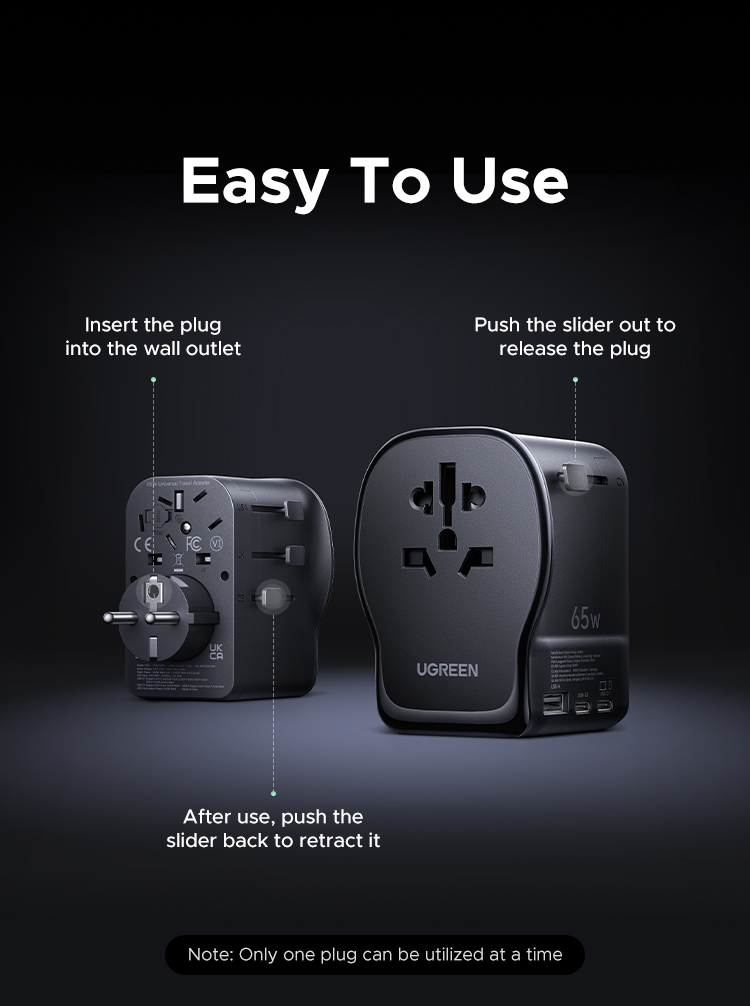 UGREEN Nexode 65W Universal Travel Adapter Switchable Plugs UK/US/DE/CN ...