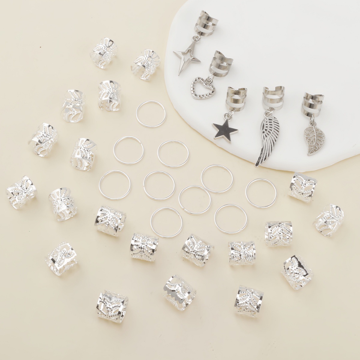 Lurrose 35pcs Vintage Silver Braid Headdress Unisex Dreadlock Round Ring Hair Braid Jewelry Leaves Star Pendants Hair Clips Hair Decorations