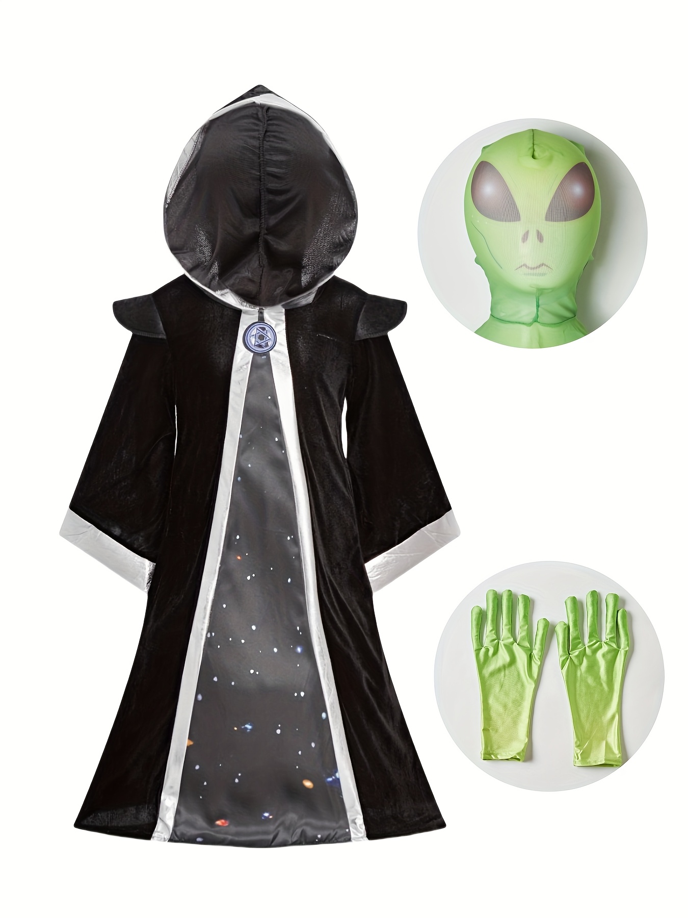 Kids' Alien Cosplay 4-Piece Set: Starry Robe, Hooded Cape, Green Gloves ...