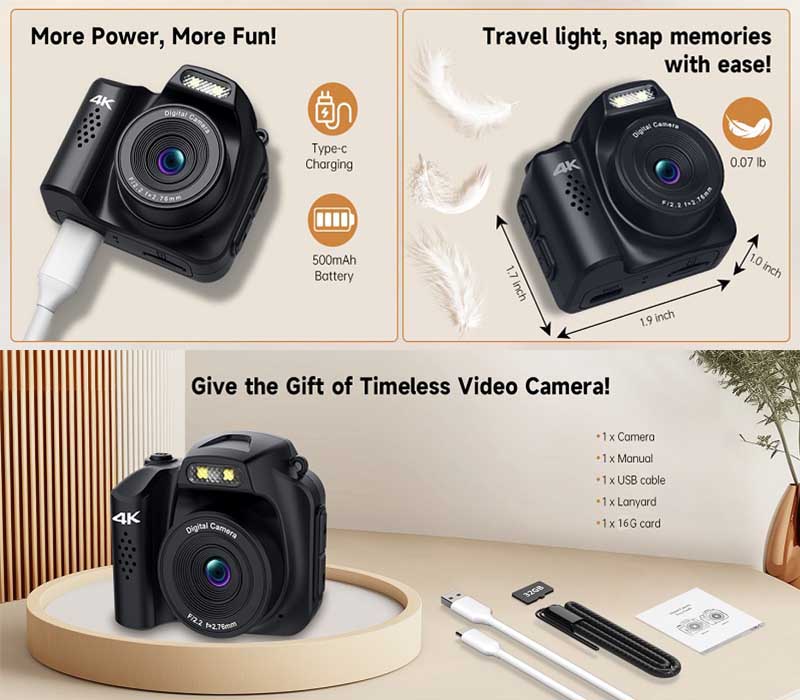 VETEK Mini Camera 4K 64MP Small Digital Camera, Pocket Retro Nostalgia ...