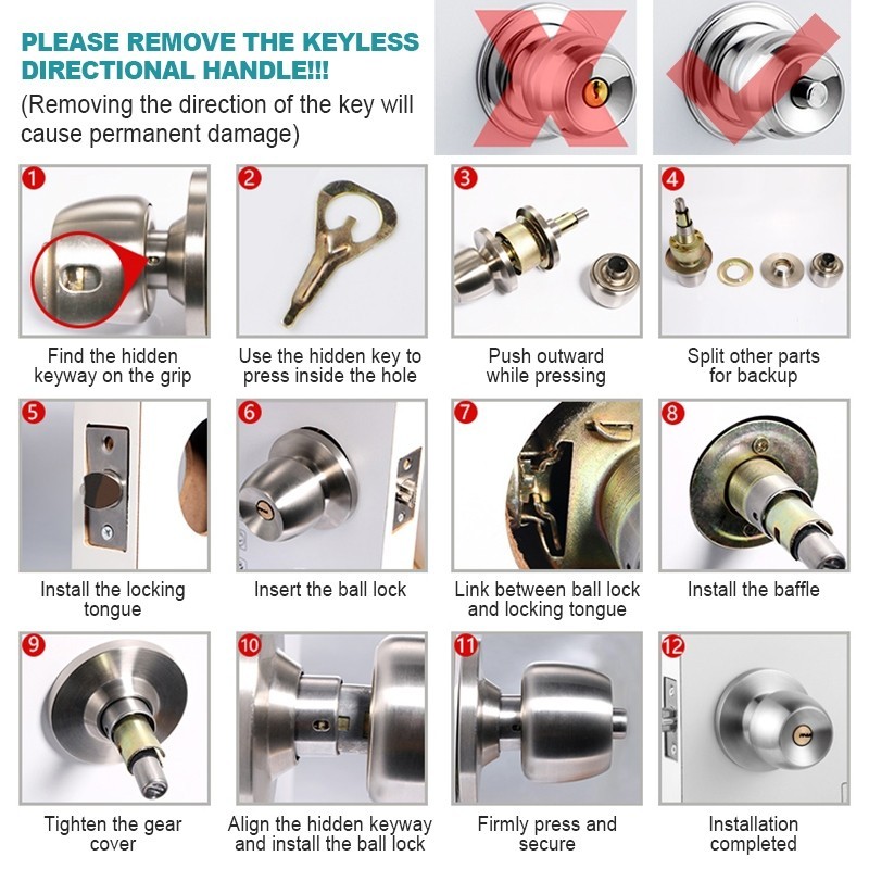 Hardware Mute Bathroom Door Knob Ball Lock Set With 3 Keys Inclued ...