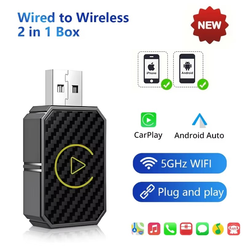 Wireless CarPlay & Android Auto Adapter 2-in-1 – Smart USB Plug & Play ...