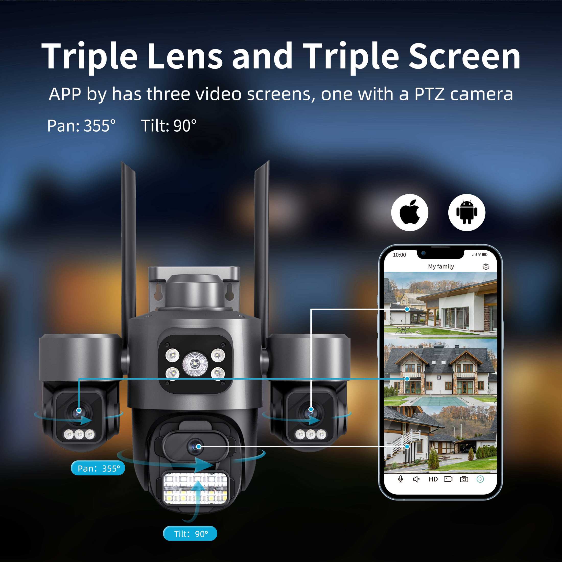 ICSEE 12MP CCTV Camera 4K Three-Lens PTZ Outdoor Waterproof Wireless ...
