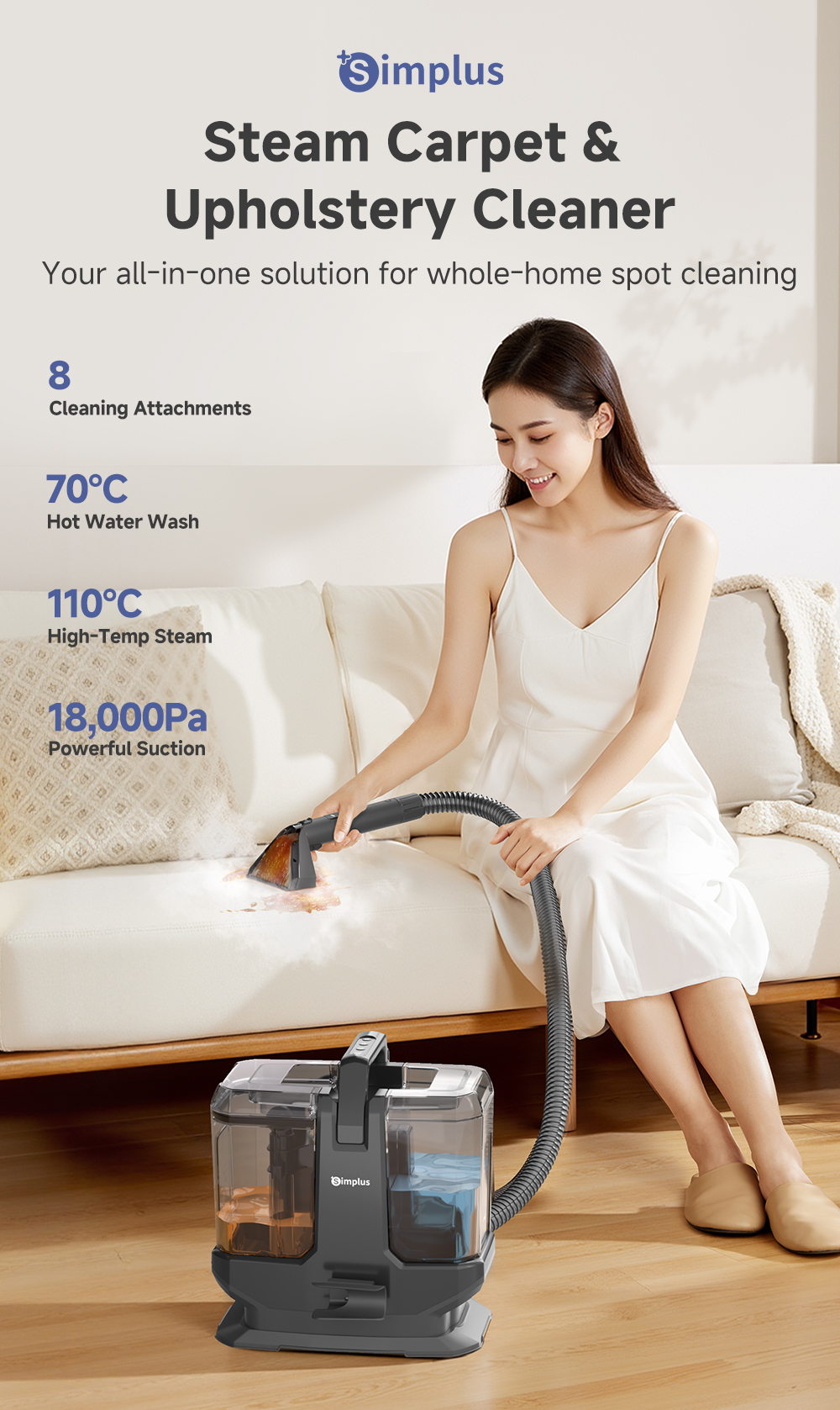 Simplus Carpet & Upholstery Spot Cleaner 110°C Steam Function 70°C Hot ...