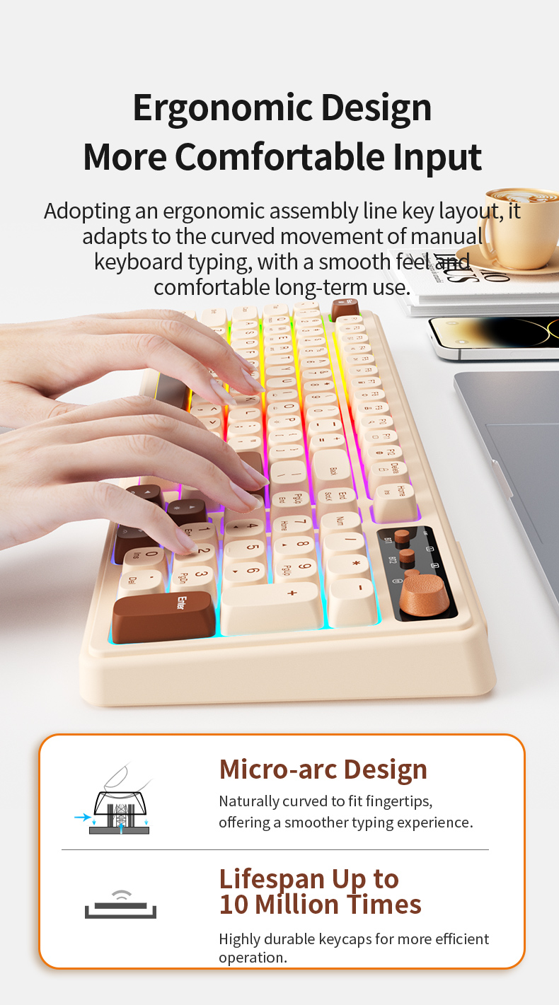 BOW K520 Three-mode Series Rechargeable Ergonomic Keyboard RGB ...