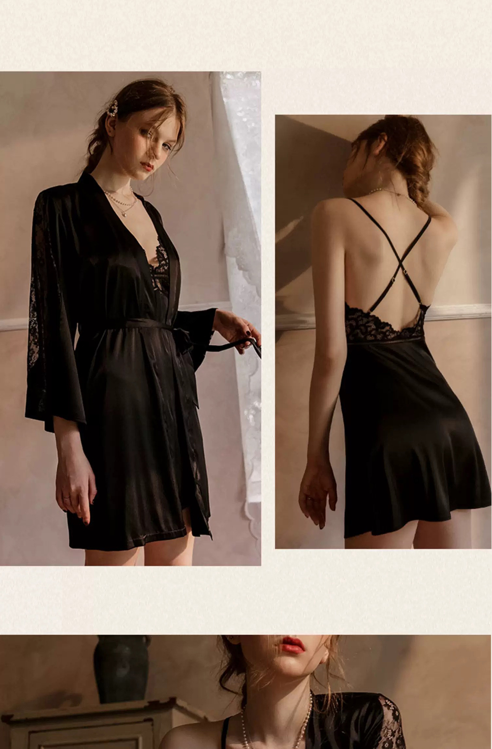 XiaoBeily Satin Suspender NightRobe Set Pajamas Sexy Sleepwear Home ...