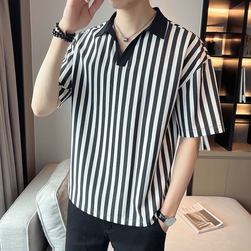 ProMan-Korean Style Striped V-neck Short-Sleeved Men's polo shirt ...