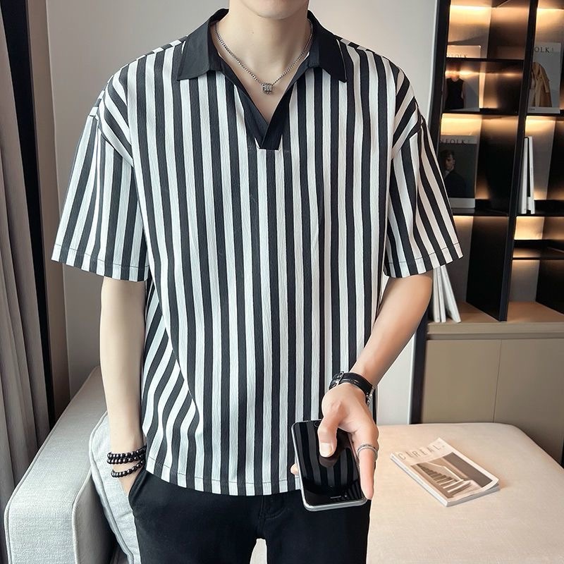 ProMan-Korean Style Striped V-neck Short-Sleeved Men's polo shirt ...