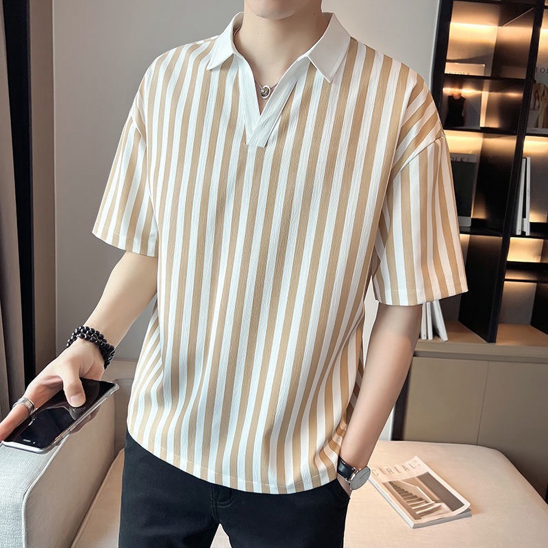 ProMan-Korean Style Striped V-neck Short-Sleeved Men's polo shirt ...