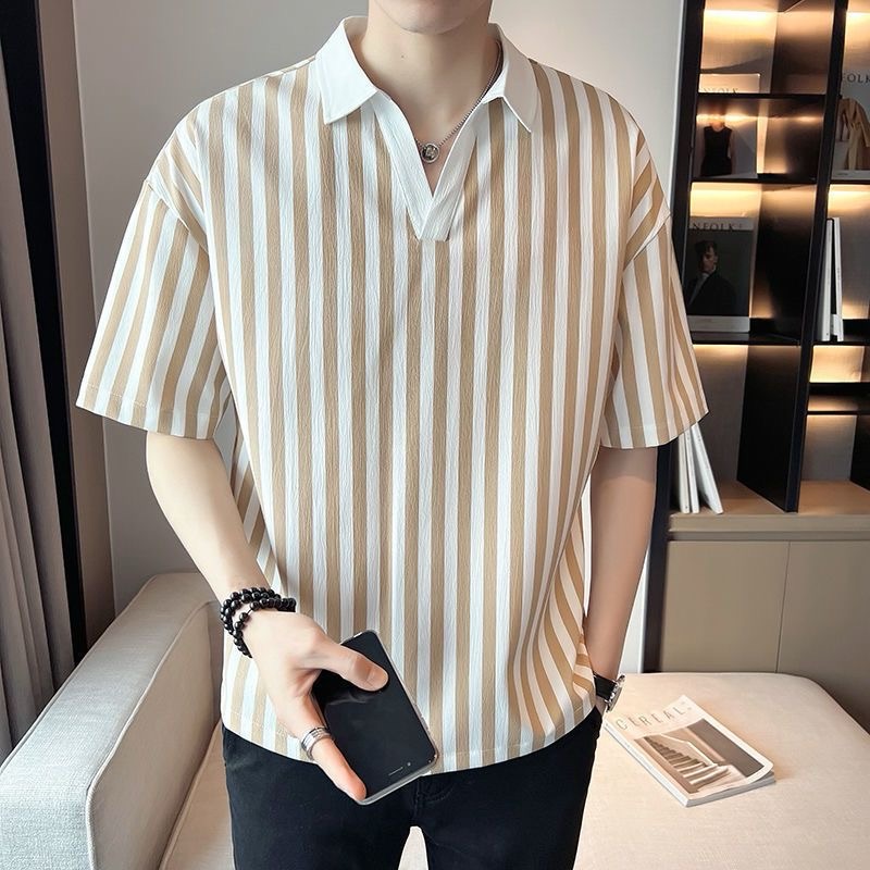ProMan-Korean Style Striped V-neck Short-Sleeved Men's polo shirt ...