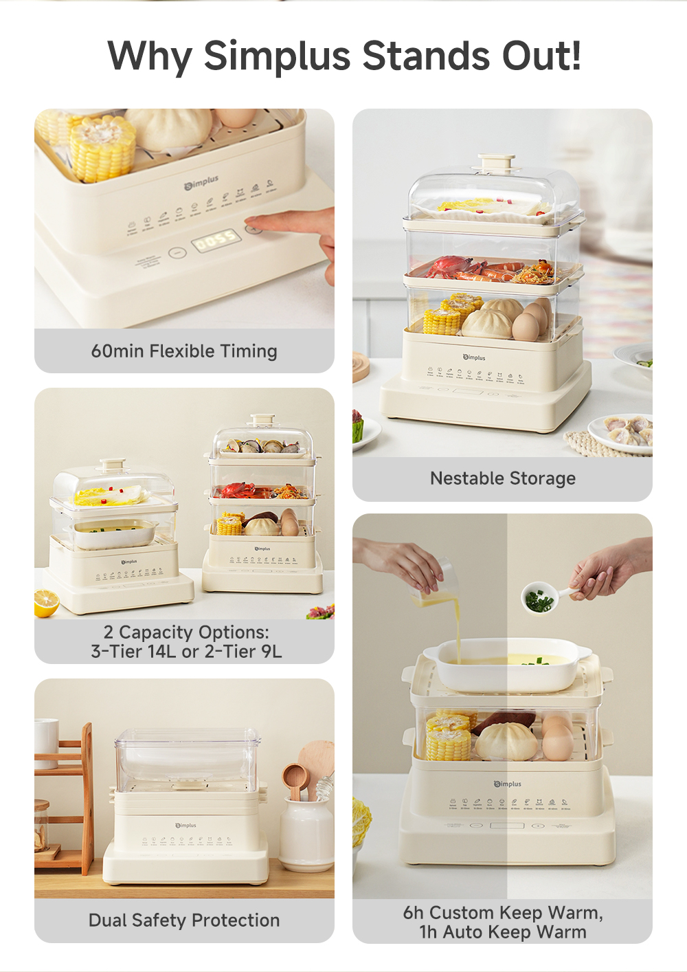 Simplus Electric Food Steamer Multifunction Smart Timer Egg Boiler 3 ...