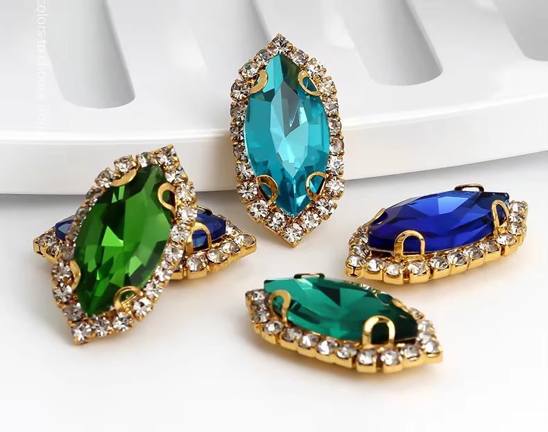 Horse Eye Shape Sew On Crystal Rhinestones with Gold/Silver Crystal Rim ...