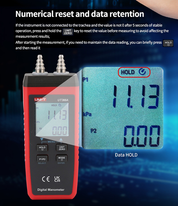 UNI-T UT366A Digital Manometer P1/P2 Gauge Pressure Differential ...