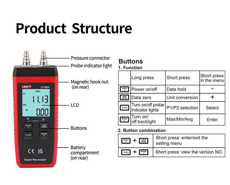 UNI-T UT366A Digital Manometer P1/P2 Gauge Pressure Differential ...