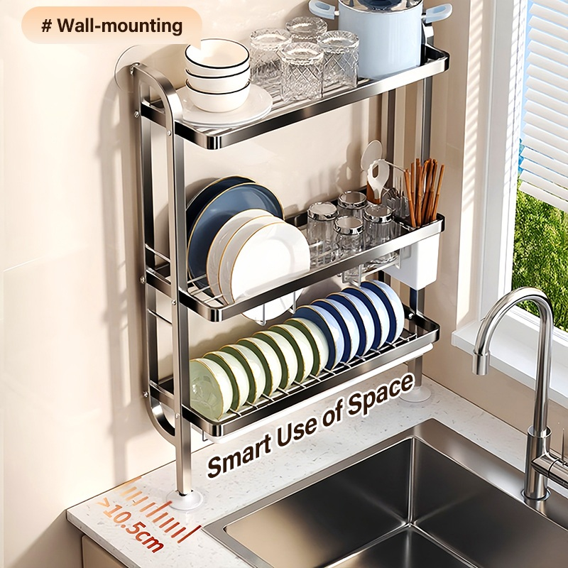 SimpleJoy Stainless Steel Wall Dish Rack with Drainer 3 Tiers Sink Side ...