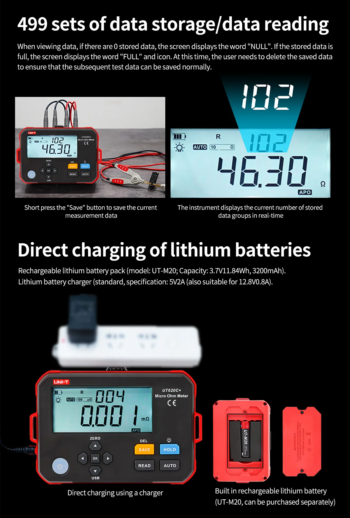 UNI-T Micro Ohm Meter UT620C+ 0.001mΩ～300.0KΩ Digital DC Low Resistance ...
