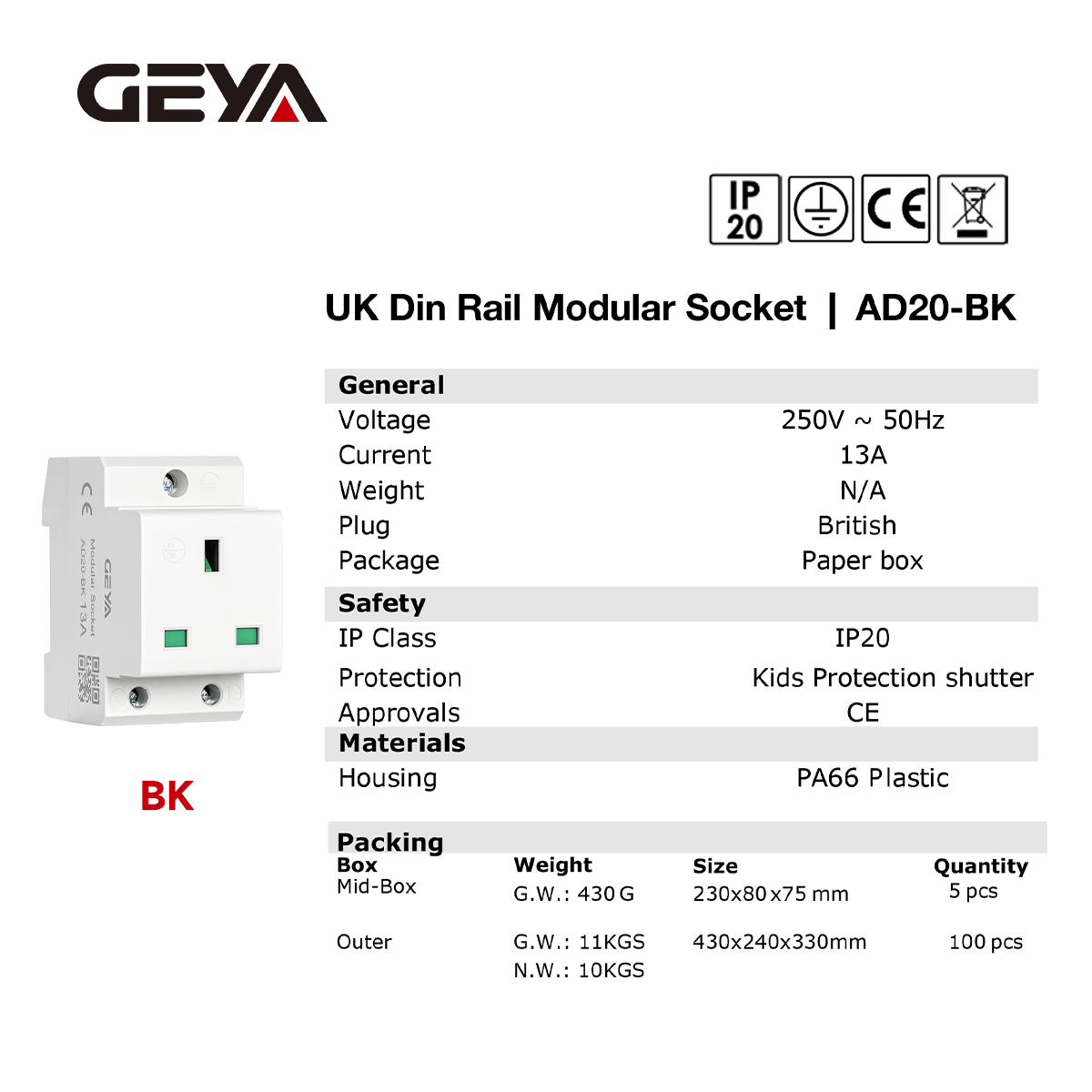 GEYA 1PCS US UK EU FR IT standard Din Rail Socket Outlet Plug 16A 230V ...