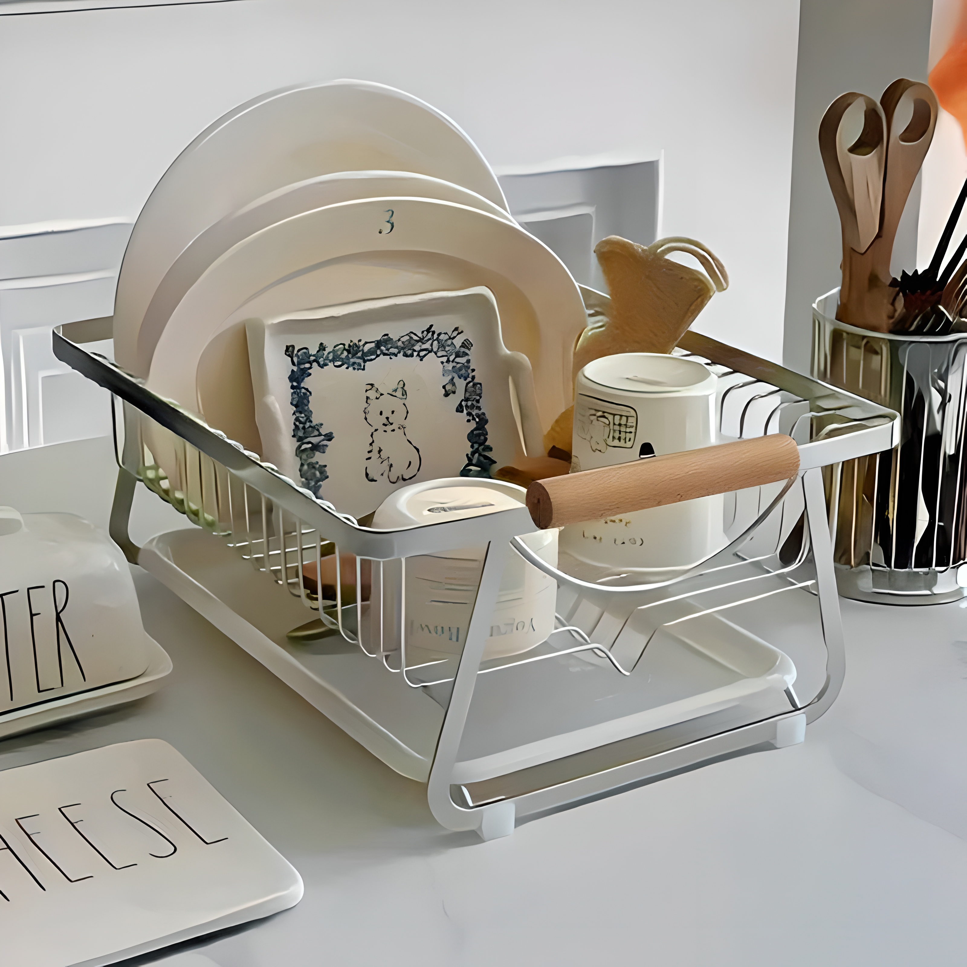 SimpleJoy Stainless Steel Dish Rack Wood Handle -Carbon Steel Removable ...