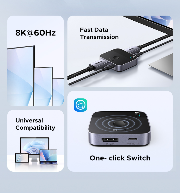 UGREEN 8K60Hz DP+USB C 2 in 1 Out Switch One-click Switch Fast ...