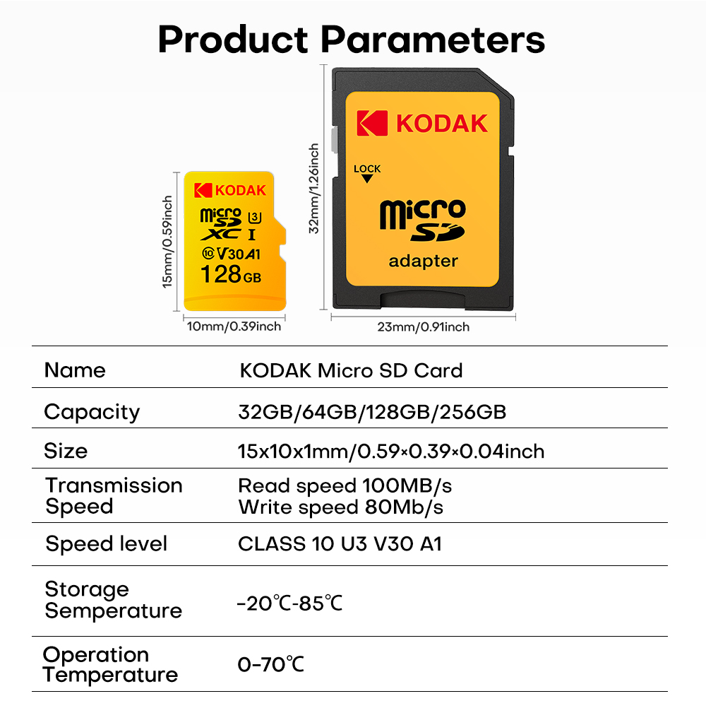 【FREE Adapter】KODAK Micro SD Card - UHS-I U3 V30 A1 Memory Card for ...