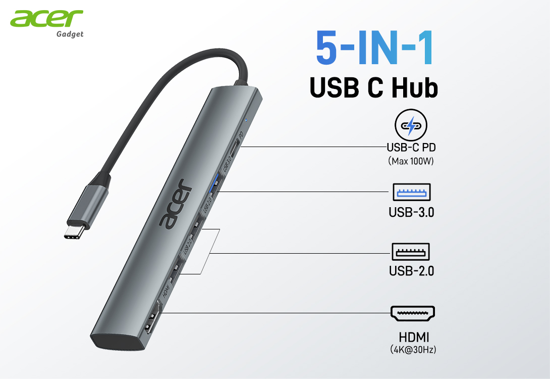 Acer 5 in 1 USB C Hub with 4K HDMI, PD100W, 3 USB A Data Ports, for ...
