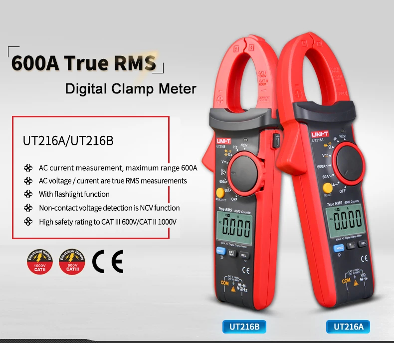 UNI-T UT216A True RMS Digital Clamp Meter Auto-range AC/DC Current ...