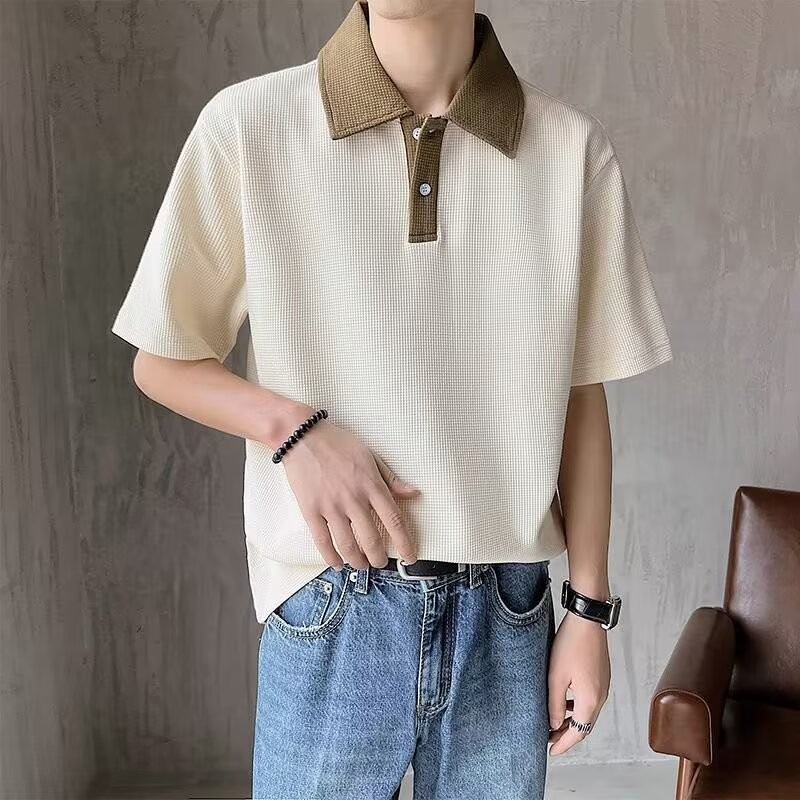 ProMan-Men's Casual Plain Color Waffle POLO Shirt Trend Korean Style ...
