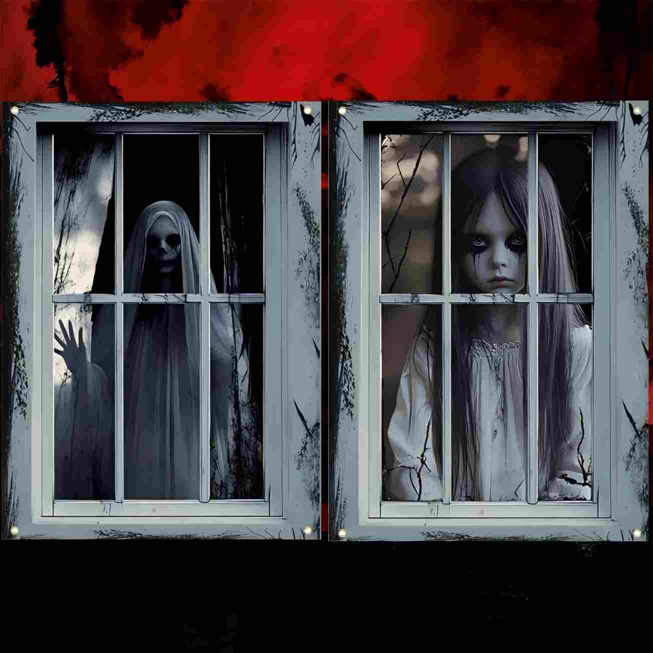 Female Ghost Window Decor Set - Horror Doll Curtains with Skull Posters ...