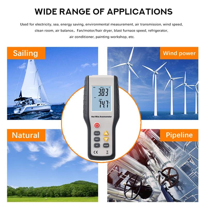 HTI HT-9829 High Sensitivie Digital Portable Wind Speed Meter Hot Wire ...